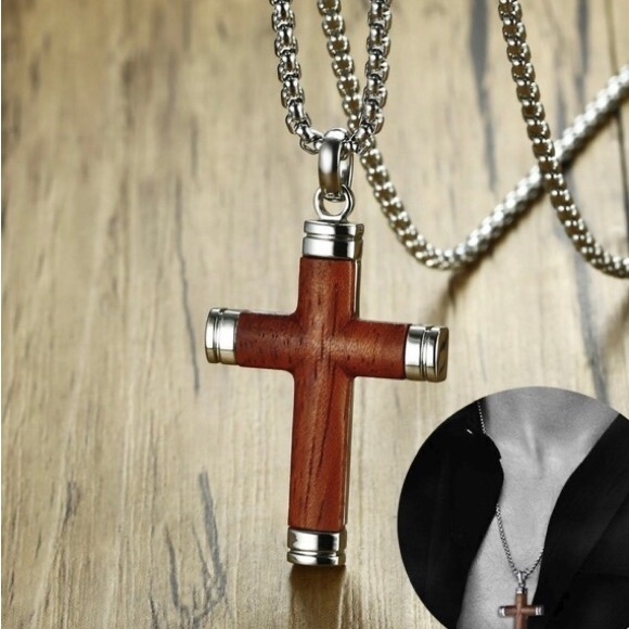 Mens Cross Pendant Necklace in Rosewood and Stainless Steel Crucifix 24 inch - Picture 2 of 5